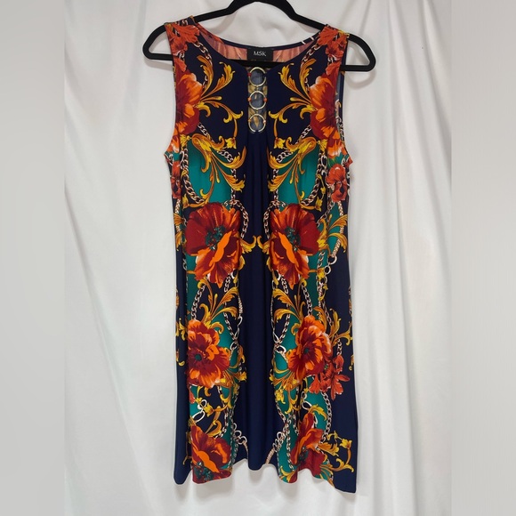 MSK Navy orange red Teal chain and floral print sleeveless dress women’s size M - Picture 16 of 16